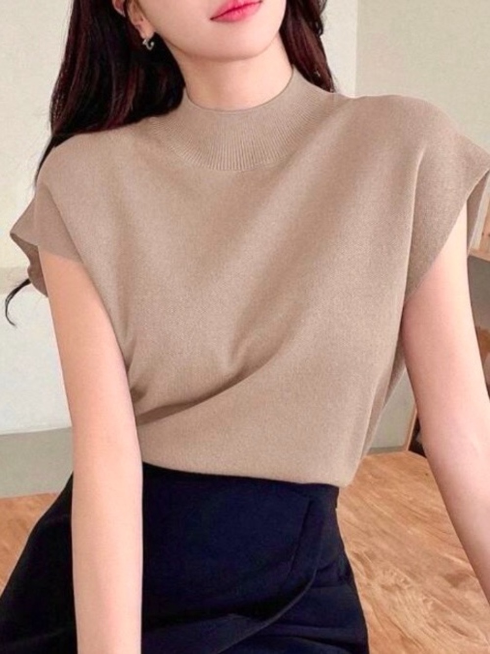 Sleeveless Mock Neck Knit Top - Beige